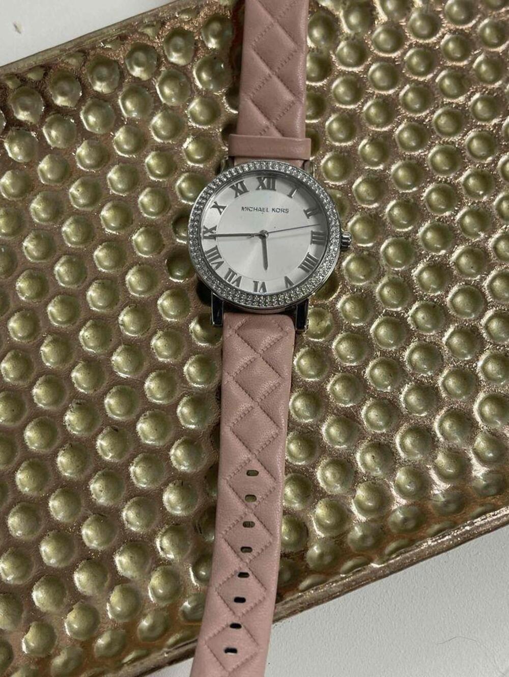 Michael Kors Blush Pink Leather Strap Watch Womens Quartz Crystal Accent